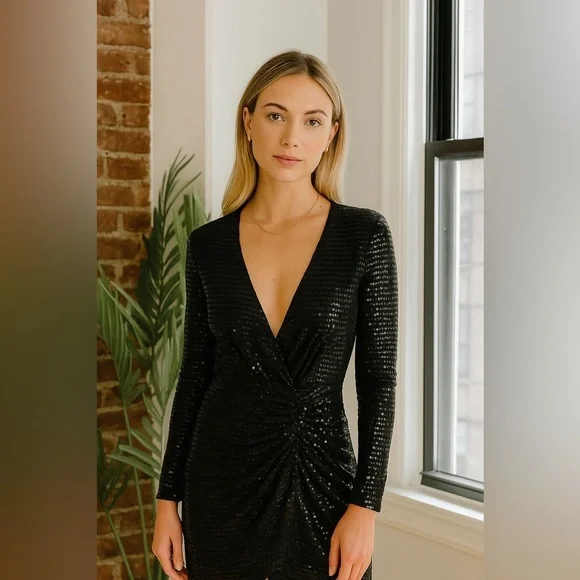 NWT Zara Draped Sparkly Black Dress Long Sleeve size Medium - Picture 2 of 16